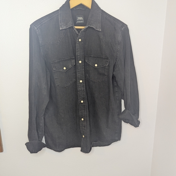ZARA Washed Black Denim Shacket, Snap Front Western Style (Women’s S) - Picture 2 of 5